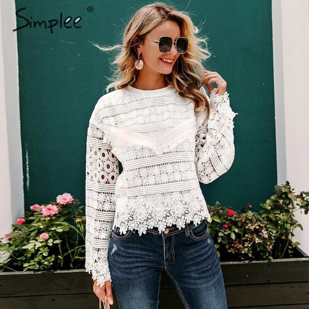 Simplee Crochet lined white Lace l/s blouse sm NWOT $78R